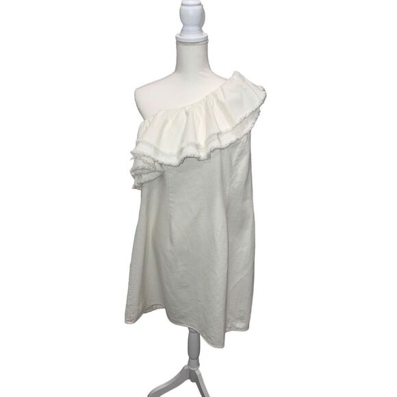NWT Future Collective | Cream Women's Asymmetrical‎ Ruffle Denim Mini Dress Size - Picture 1 of 10